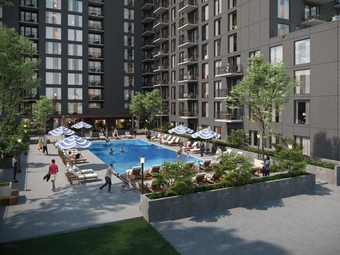 Rendering of a high-rise development with a pool.