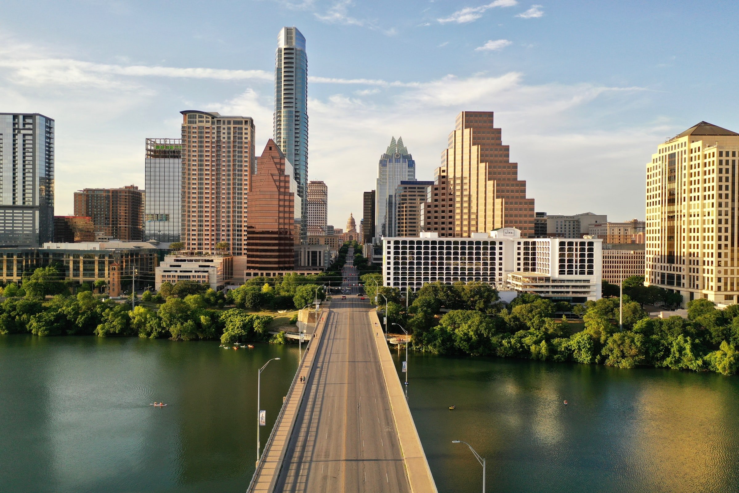 Austin, Texas' city skyline from across a bridge.